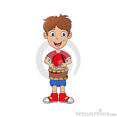 Preschooler boy playing on drum cartoon design isolated on white background Vector Illustration