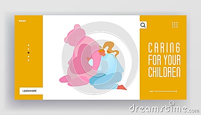 Preschooler Education, Baby Toys Website Landing Page. Mature Woman Hug Huge Pink Plush Teddy Bear Playing with Kids Vector Illustration