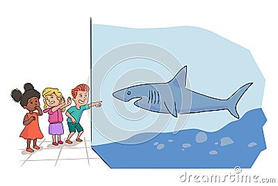 Preschooler kids group standing by shark aquarium Vector Illustration