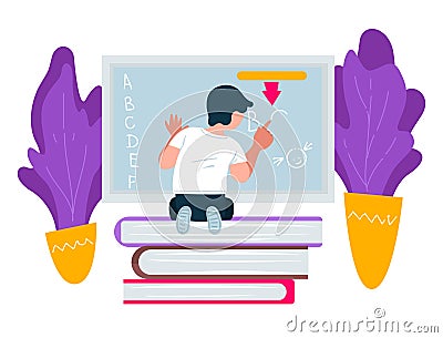 Preschooler pupil writing on blackboard, education and knowledge obtaining Vector Illustration
