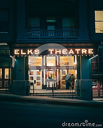 Prescott Elks Theater vintage neon sign at night, Prescott, Arizona Editorial Stock Photo