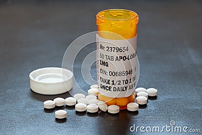 Prescription bottle with backlit Lorezapam tablets. Lorezapam is a generic prescription anti-anxiety medication. Editorial Stock Photo