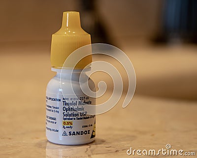 Prescription Bottle of Timolol Maleate Ophthalmic Solution Editorial Stock Photo
