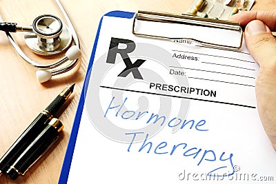 Prescription form with sign hormone therapy. Stock Photo