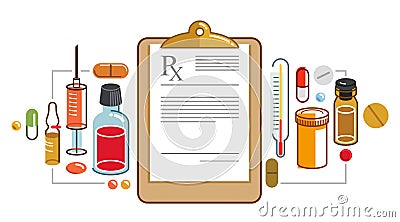 Prescription of medicine concept, different drugs and meds vector flat style illustration isolated over white, advertising banner Vector Illustration