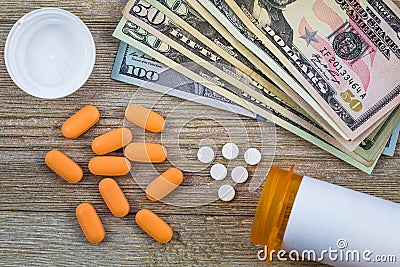 Prescription medicine on dollars for pharmaceutical industry concept Stock Photo