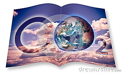 Presence of CO2 in the atmosphere - 3D rendering opened photobook concept with a NASA planet Earth image against a cloudy sky Stock Photo