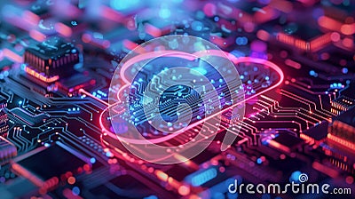 The presence of a glowing cloud symbol on a circuit board indicates the utilization of cloud computing technology and data storage Stock Photo
