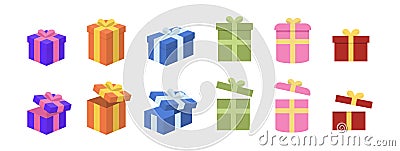 Present box collection. Gift box icon set. Closed and open gift box collection. Birthday package icon. Valentine day cardboard set Vector Illustration