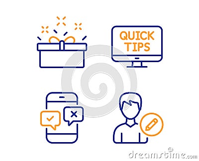 Present box, Web tutorials and Phone survey icons set. Edit person sign. Vector Vector Illustration