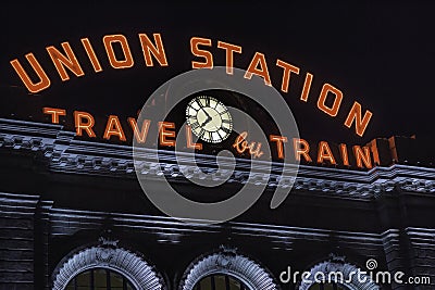 Union Station in Downtown Denver, Colorado at Night Editorial Stock Photo