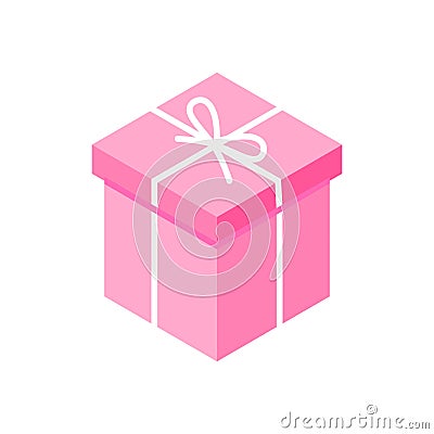 Present gift box with ribbon bows flat design illustration. Isometric vector interface elements for app icon UI UX banner web invi Cartoon Illustration