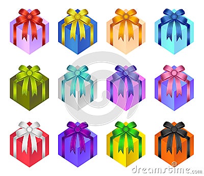 Present gift box vector, glossy bows and ribbons on gift box, decoration labels collection for birthday, christmas, new year. Gift Stock Photo