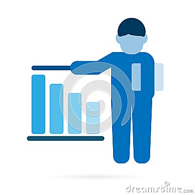 Present graph chart icon pictogram. Businessman presentation statistic chart. Blue symbol on white background. Vector Cartoon Illustration