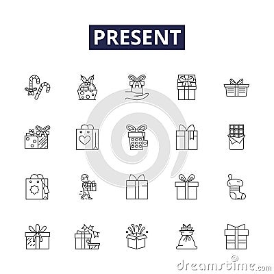 Present line vector icons and signs. Gift-wrap, Now, Offer, Show, Current, Exhibit, Exhibit-show, Exhibit-display Vector Illustration