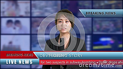 Presentador femenino de las noticias en estudio almacen de video Presentador femenino de las noticias en estudio almacen de video