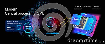 Presentation and advertising new generation computer processor. Innovative stream processor for computer on futuristic background. Vector Illustration