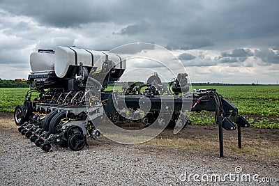 Presentation of agricultural machinery, new great power seeders at the exhibition Stock Photo