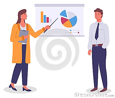 Presentation at board, businesswoman show charts and diagram to colleague, analysing graphics Vector Illustration