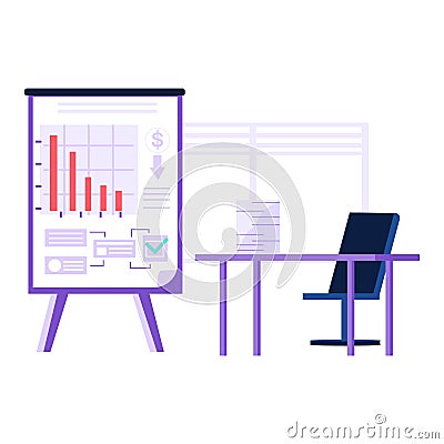 Presentation board in office workplace with computer desk and documents flat vector workspace Vector Illustration