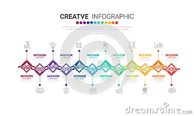 Presentation business infographic template, Timeline for 12 months, 1 year, can be used for workflow, process diagram, flow chart Vector Illustration