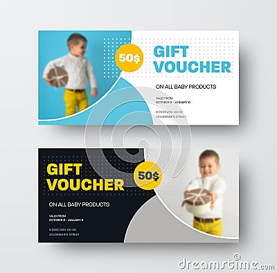 Presentation of design of vector gift voucher, with circles, dots and place for photo, for children`s products, certificate with Vector Illustration