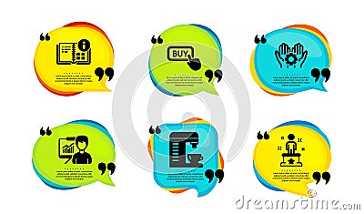 Presentation, Employee hand and Instruction info icons set. Buy button, Coffee machine and Success signs. Vector Vector Illustration