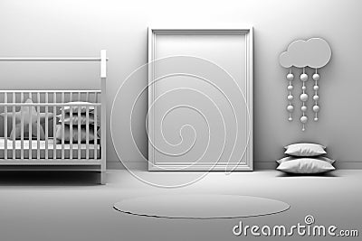 Presentation frame in kids rom with cradle in black and white color Cartoon Illustration