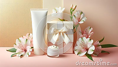 Presentation of a gift set of a cosmetic product, gift box on a pastel background with flowers Stock Photo