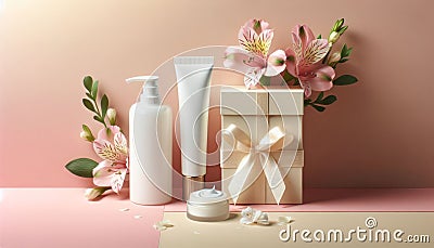 Presentation of a gift set of a cosmetic product, gift box on a pastel background with flowers Stock Photo