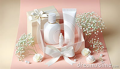 Presentation of a gift set of a cosmetic product, gift box on a pastel background with flowers Stock Photo