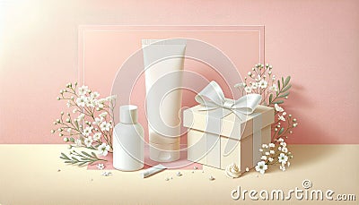 Presentation of a gift set of a cosmetic product, gift box on a pastel background with flowers Stock Photo