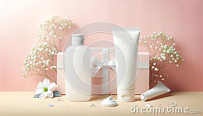Presentation of a gift set of a cosmetic product, gift box on a pastel background with flowers Stock Photo