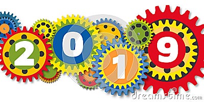 Graphic and colorful greeting card showing a set of gears of different colors driving the 2019 machine Stock Photo