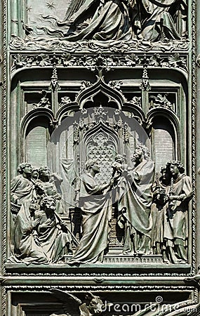 The presentation of Jesus at the temple, detail of the main bronze door of the Milan Cathedral Stock Photo