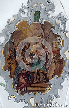 Presentation of Jesus in temple, fresco on the ceiling of the Church of Our Lady of Sorrows in Rosenberg, Germany Stock Photo