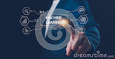 Presentation about machine learning technology with scientist touching screen with robotic process automation, artificial Stock Photo