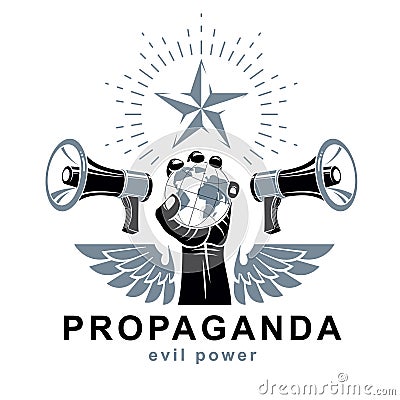 Presentation poster composed with loudspeakers, raised arm holds Earth globe, vector illustration. Propaganda as the means of Vector Illustration