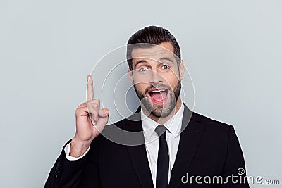 Presentation promo promotion look wow omg open mouth choose choice concept. Portrait of funny excited cheerful joyful clever Stock Photo