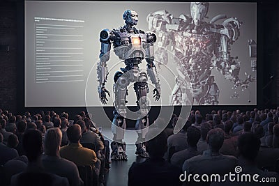 Presentation of the robot in a huge hall with spectators with a projection screen. Photorealistic shot generated by AI Stock Photo