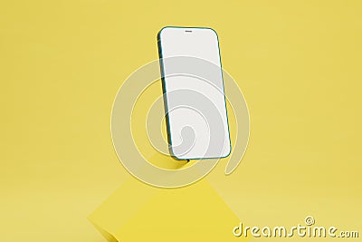 presentation of the smartphone. smartphone balancing on a yellow cube on a yellow background. copy paste. 3D render Stock Photo