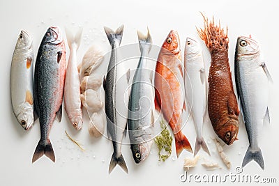 A presentation of various types of fish on white background generative AI Stock Photo