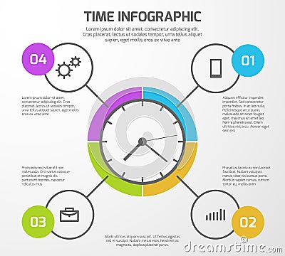 Presentation vector background with time management infographic, clock and options Vector Illustration