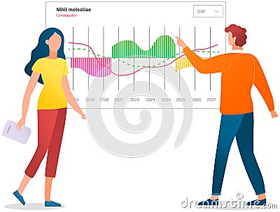 Presenters show statistical indicators and data on diagram. Colleagues giving presentation of report Vector Illustration