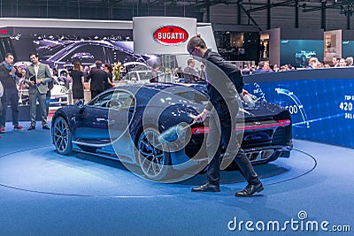 Presenting the Chiron at the Bugatti stand at the Geneva International Motor Show Editorial Stock Photo