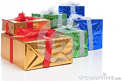 Presents and Celebration Concepts. Many Colorful Wrapped Up Gift Boxes Standing In Line Together Stock Photo