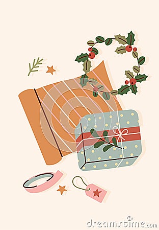 Presents wrapping process Cartoon Illustration