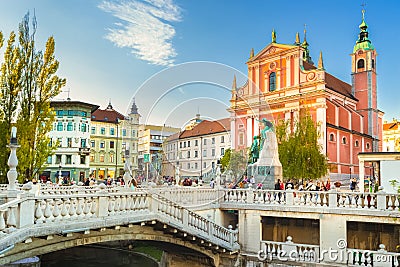 Preseren square and Franciscan Church of the Annunciation, Ljubljana, Slovenia, Europe. Stock Photo