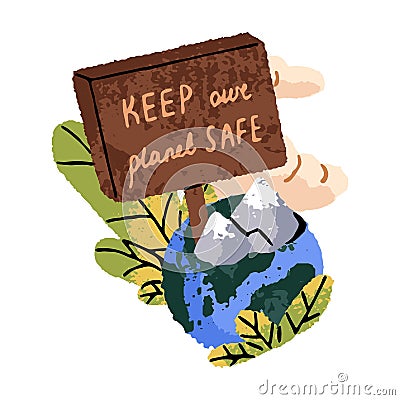 Preservation of eco friendly environment. Sustainable protection of nature, save ecology. Globe with sign of keep planet Vector Illustration