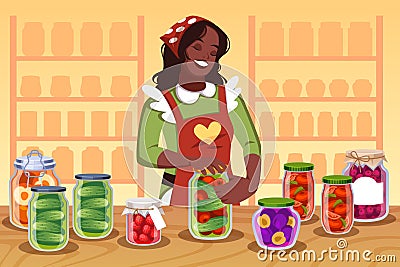 Preservation process. Woman rolls vegetables, fruits, berries into glass jars, homemade pickles, long term storage food Vector Illustration